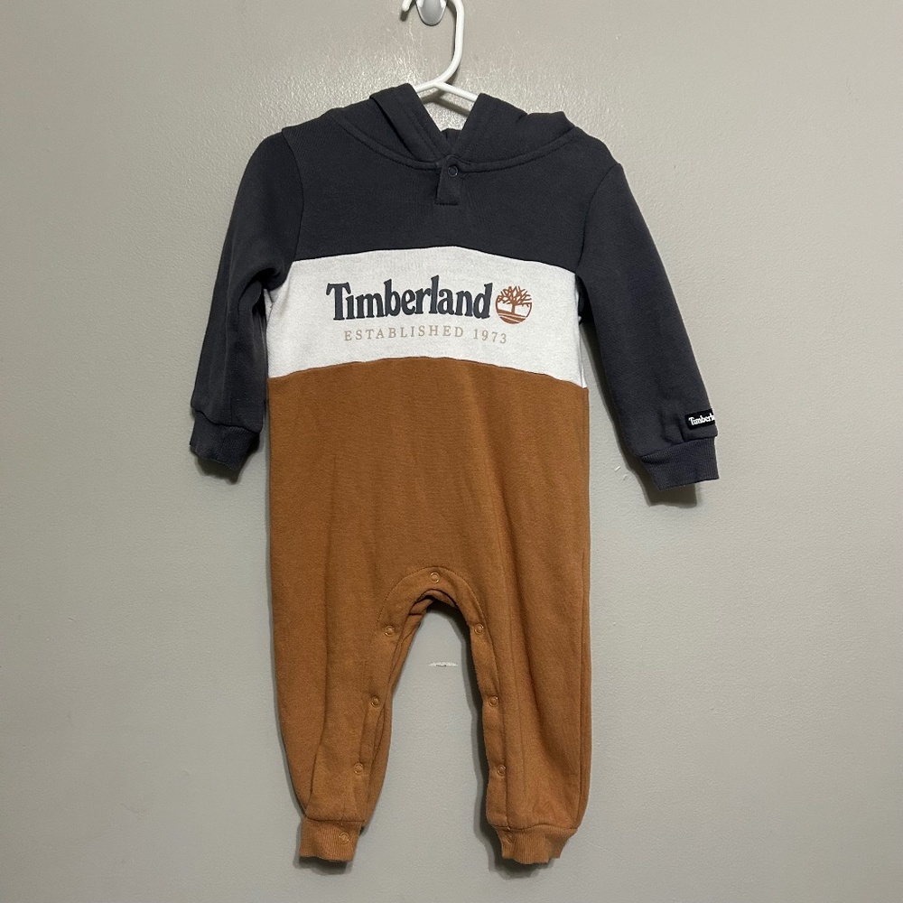 Timberland Baby Coveralls 18 Month Gray White Brown Hooded One Piece Long Sleeve